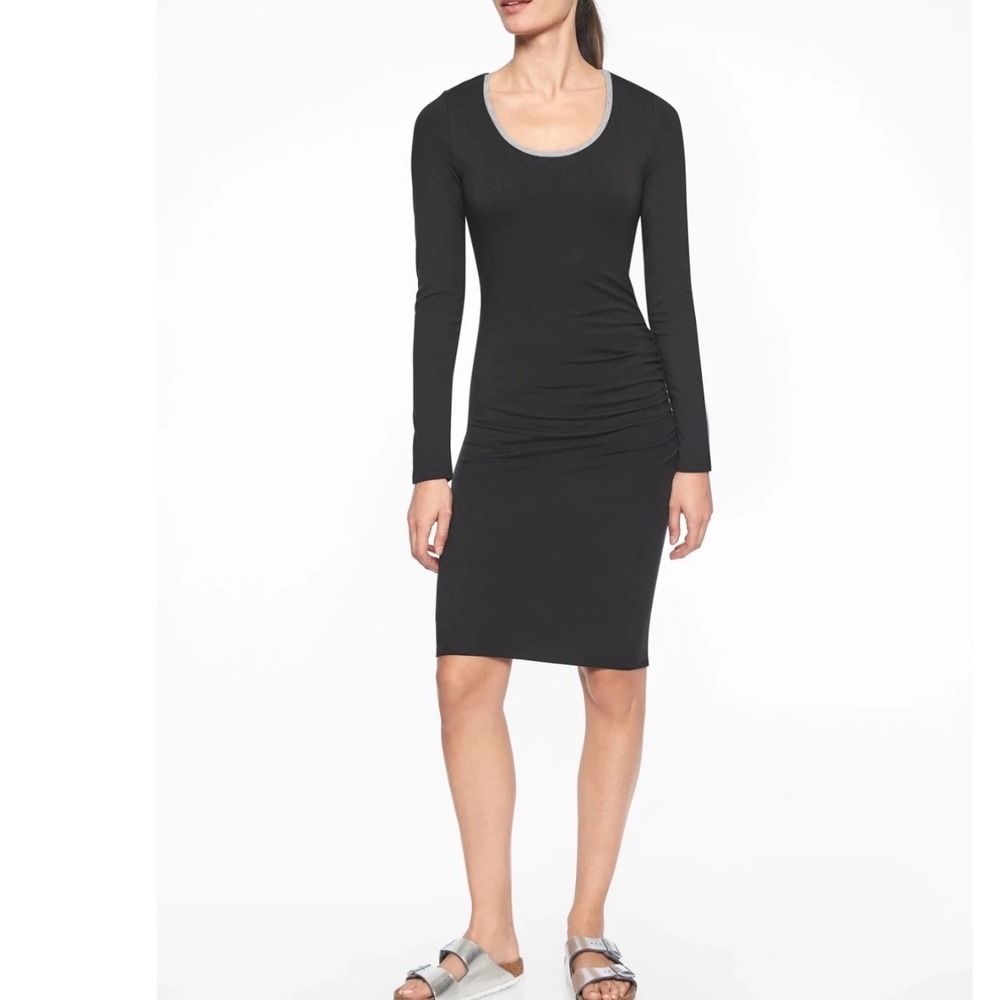 Athleta Carefree NWT Long Sleeve Dress Black Ruched Pima Cotton Athleisure Sz L